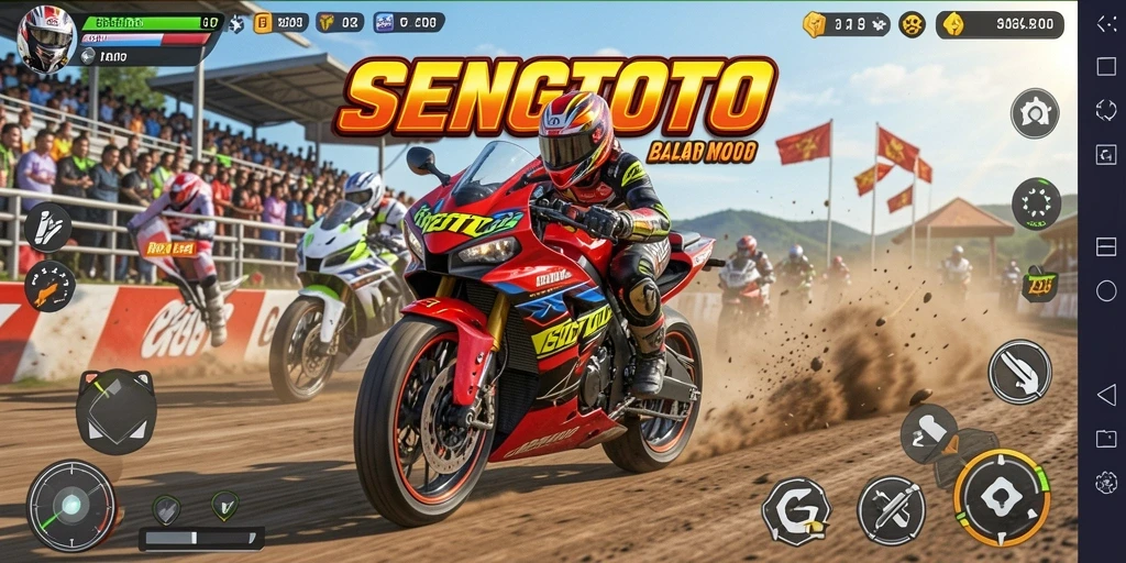Screenshot gameplay <strong>SENGTOTO</strong> menampilkan aksi balapan motor yang intens dan mendebarkan.