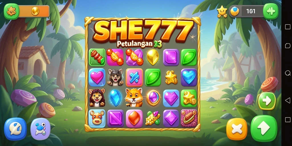 Tampilan gameplay seru dalam permainan Match-3 SHE777.